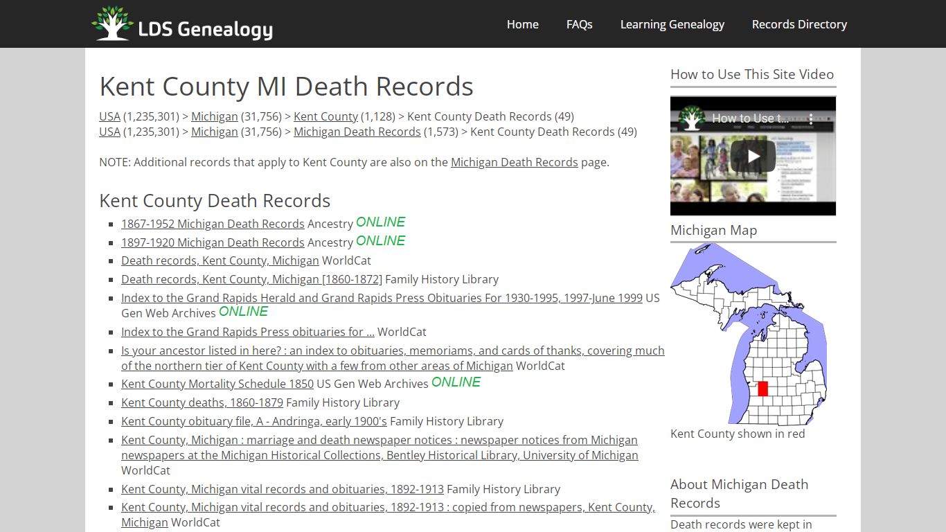 Kent County MI Death Records - LDS Genealogy