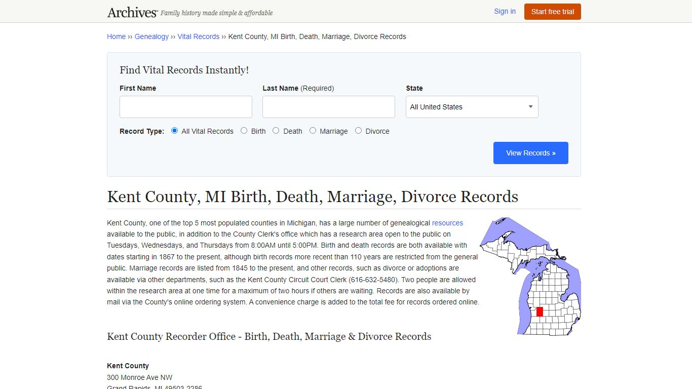 Kent County, MI Birth, Death, Marriage, Divorce Records